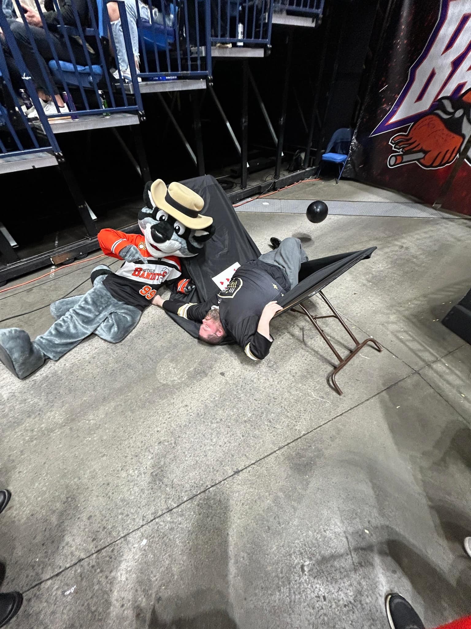 Superbeast driven through a table by the Buffalo Bandits mascot